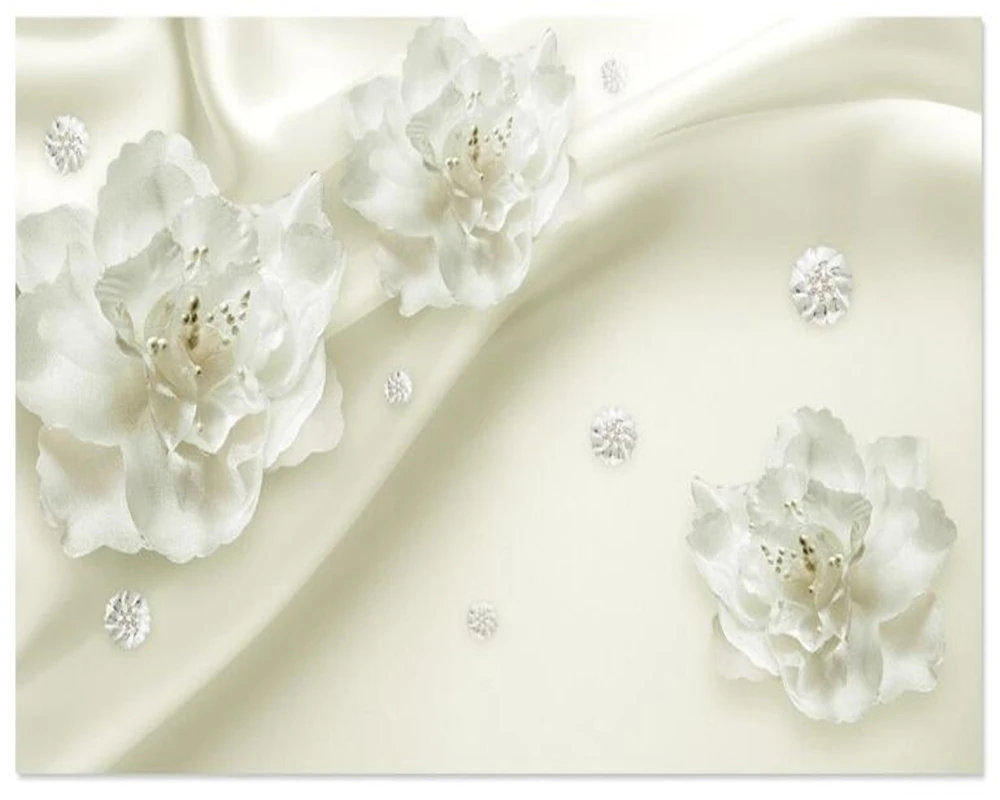 Custom relief oil painting material mural silk white flowers European style 3D stereo TV bedroom background wall wallpaper