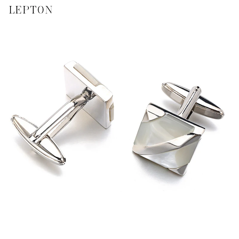 Hot sale real tie clip mother of pearl cufflinks Lepton Brand square shell cuff links for men wedding dress groom cufflink