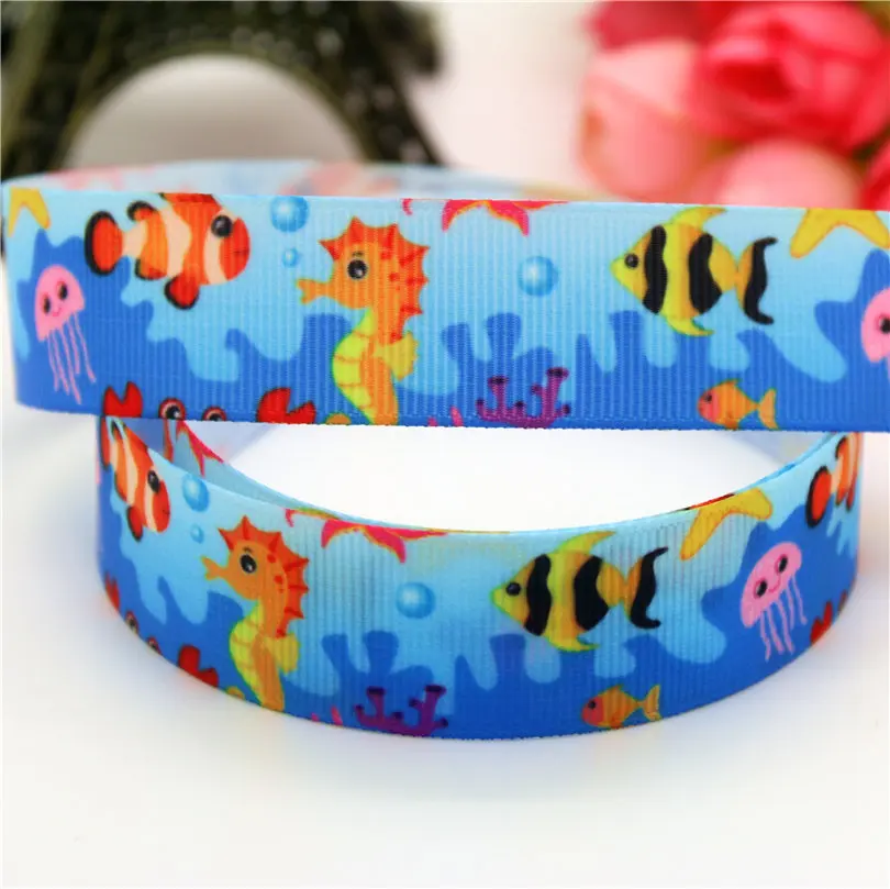 DHK 7/8'' 5yards sea horse animals printed grosgrain Ribbon headwear hair bow diy party decoration OEM 22mm C1191