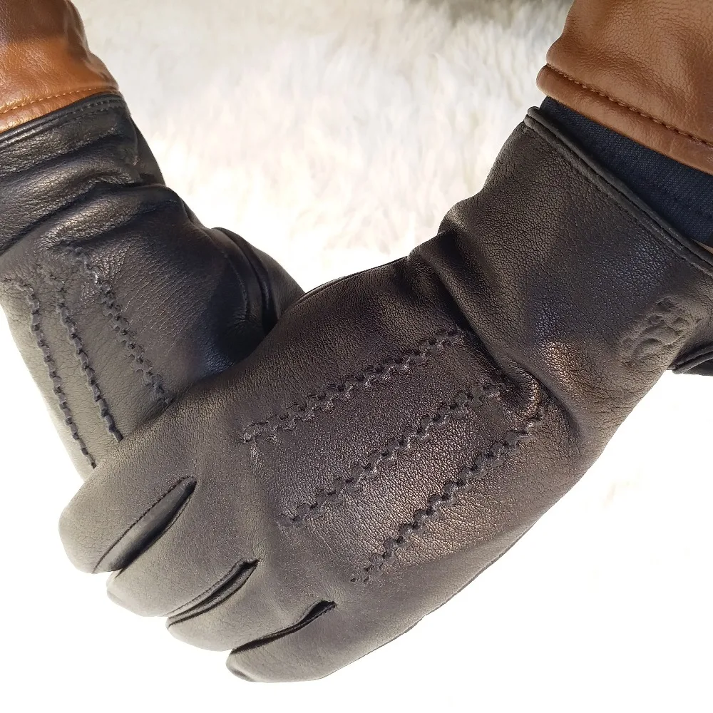 Guantes de piel de oveja 100% para hombre, diseño de patrón de piel de ciervo, guantes de cuero cálidos y suaves, mitones para hombre con forro de