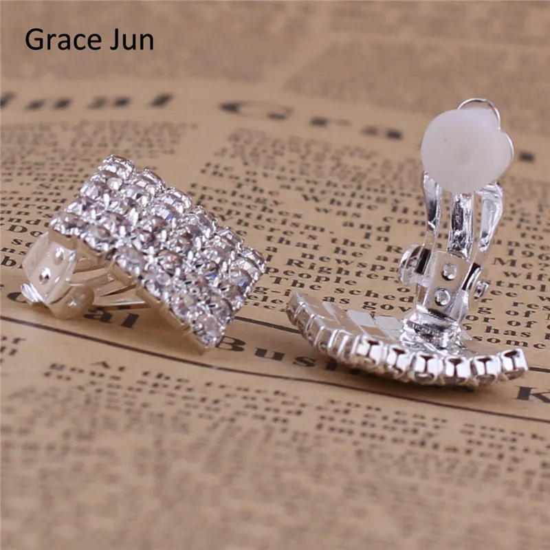 Grace Jun bridal earring 6 stand  Rhinestone square Clip on Earrings for Women No Hole Ear Clip Fahion Jewelry Accessories