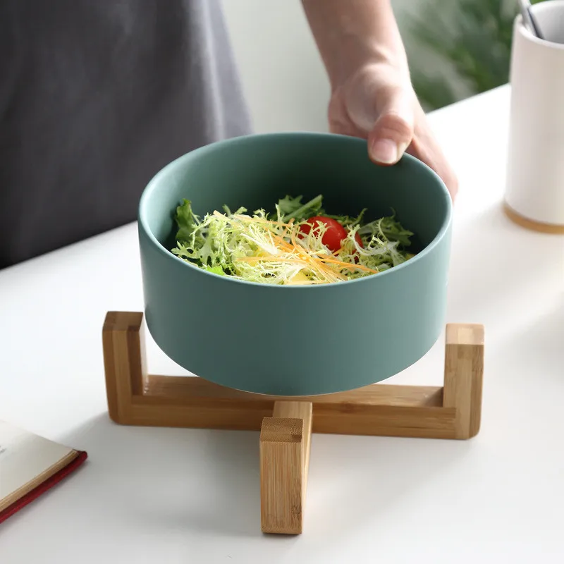 Salad Bowl Noodles Bowl With Wood Tray Frutero Grind Arenaceous Fresh Color Container Fruit Dish Ware Food Kitchen Supplies 1pcs