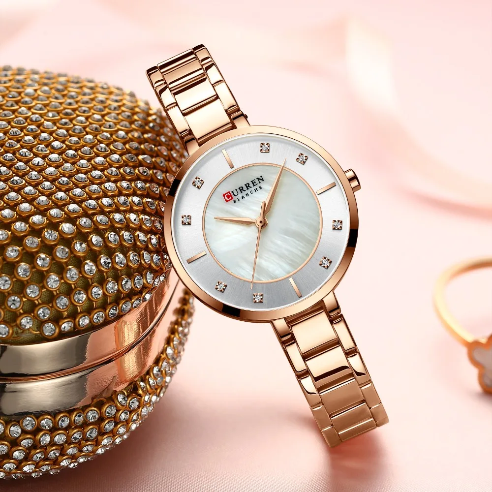 CURREN Ladies Watches Fashion Elegant Quartz Watch Women Dress Wristwatch with Rhinestone Set Dial Rose Gold Steel Band Clock