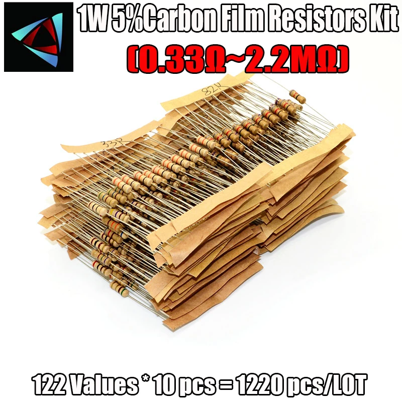 Conjunto surtido de resistencias de película de carbono, 1W, 1220, 5% valores, 122-0,33 M Ohm, 2,2 unidades por lote