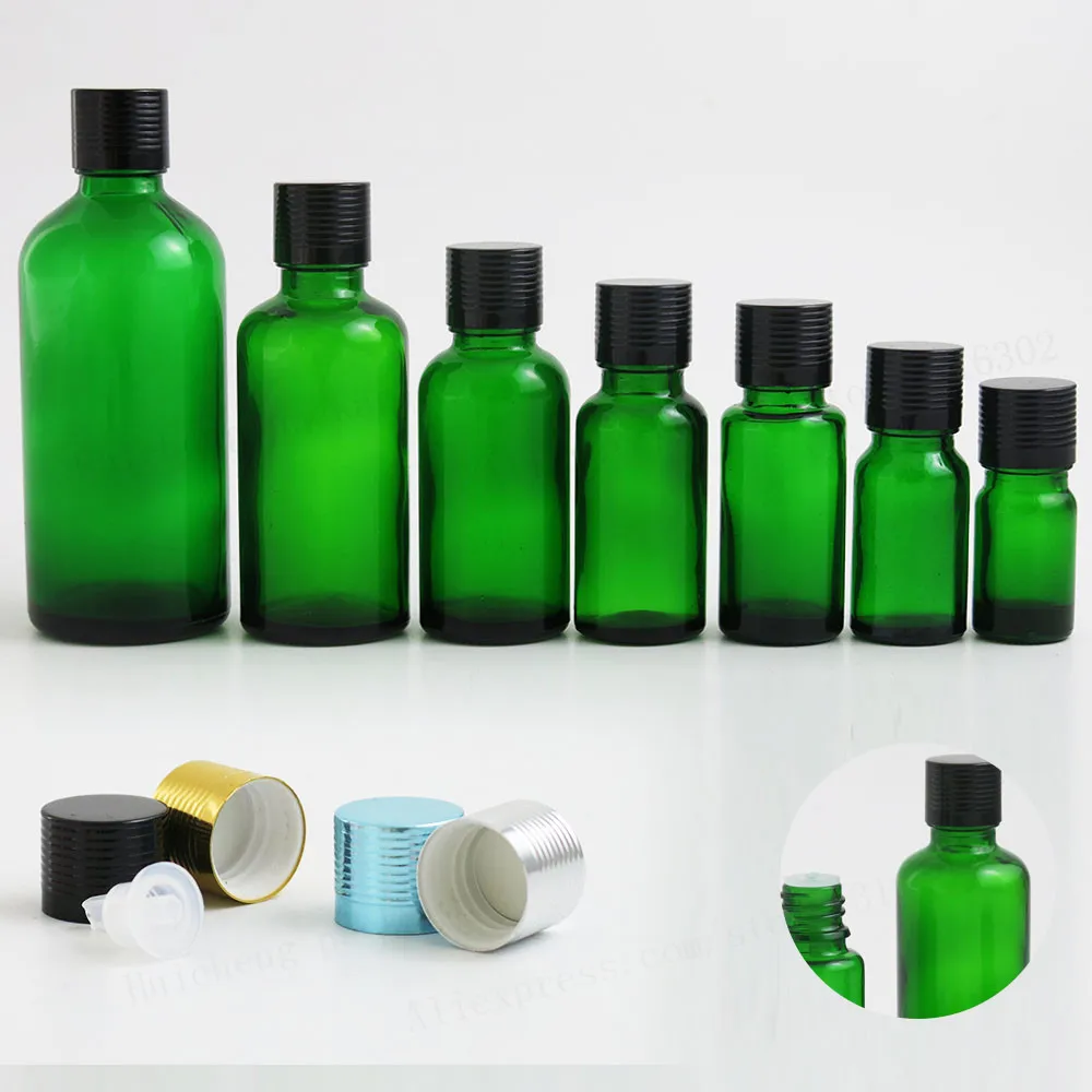 

200 xTravel Empty Green glass essential oil bottle with aluminum lids cosmetic packging 100ml 50ml 1oz 2/3oz 1/2oz 1/3oz 5ml