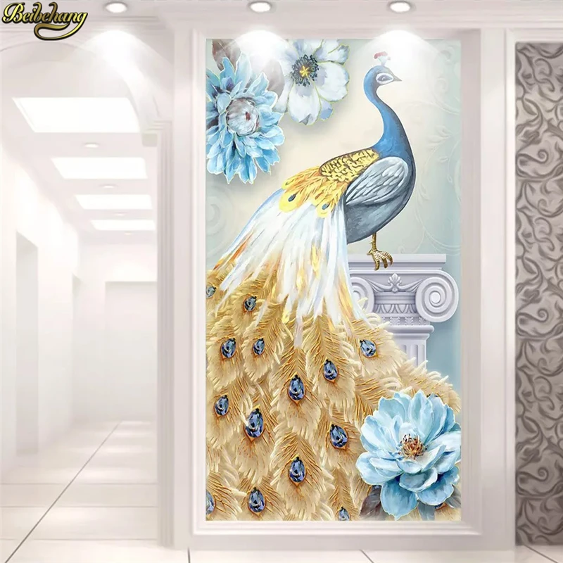 

beibehang Custom wallpaper murals 3D hand-painted oil painting peacock flowers European fresh porch decorative painting