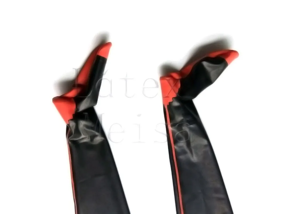 Schwarz engen latex strümpfe dekorative mit rot & schwarz borte auf top für frauen