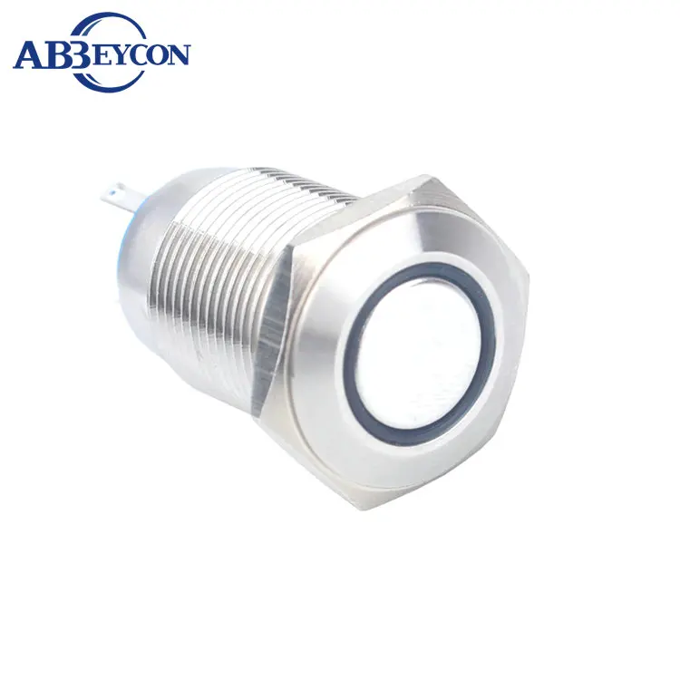 Abbeycon 16mm 12V Blue Color O-Ring Illuminated LED Light Latching Flat Head Self-locking Silver Brass Metal Push Button Switch