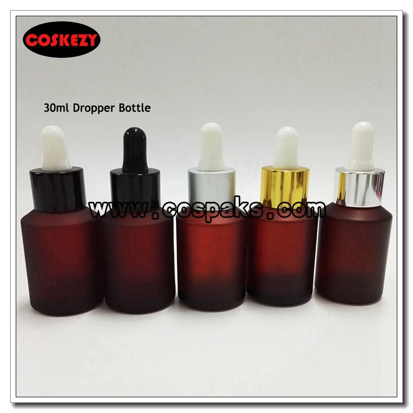 

wholesale empty 50pcs 30ml rose red frost glass round dropper bottle, empty essentical oil 1 ounce glass dropper bottle