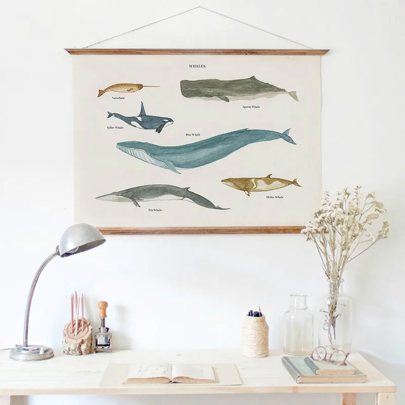 Modern Fresh Ocean Coastal Aquatic Whale Painting Wooden Poster Hanger Wall Decorative Poster Frame Scroll Hang Art Photo Prop