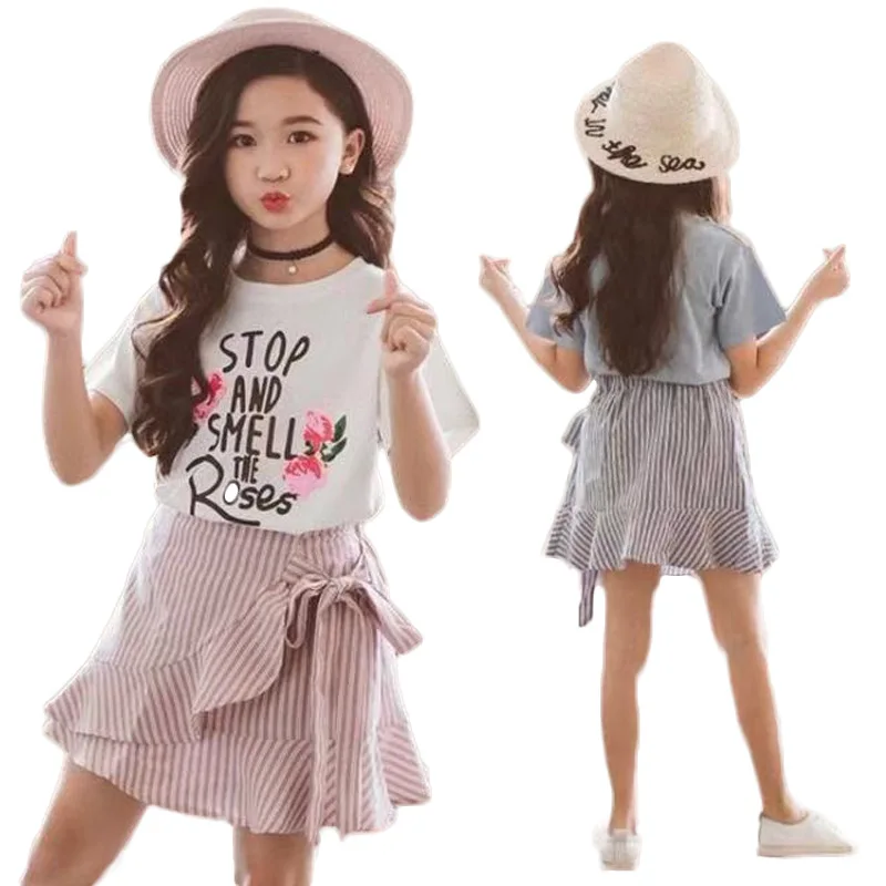

Summer Girls Clothing Set Children Floral Printed T-shirt+ Stripe Skirt 2pcs Suit Kids Clothes Teenage 10 12 Year Girls Outfits