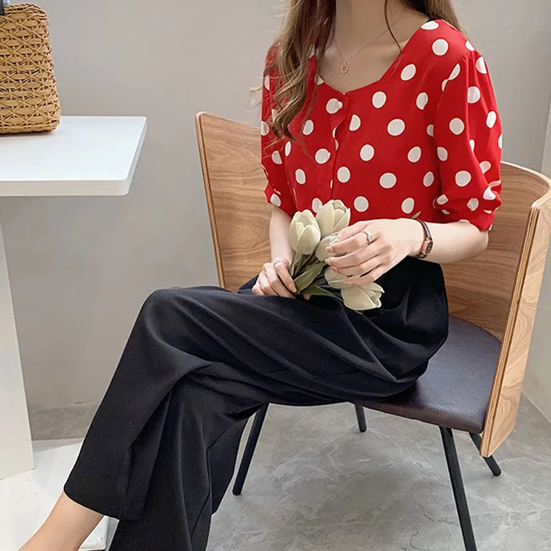 2020 Women Summer Polka Dot Loose Blouses O Neck Short Sleeve Dot Print Button Up Chiffon Blouse