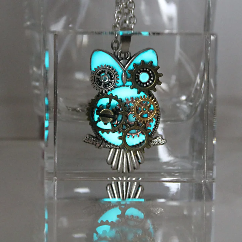 Steampunk Necklace Glowing Mechanical owl Necklace GLOW in the DARK Pendants & Necklaces women girls boys gift Sweater chain