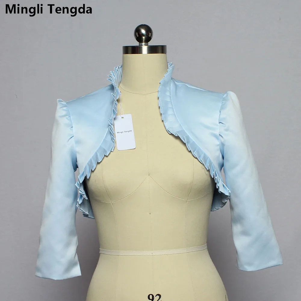 Mingli Tengda Sky Blue Stain Wedding Bolero Wraps Bridal Jacket Cape 3/4 Sleeves Wavy Ruffle Bridal Bolero Women Shawl Chest