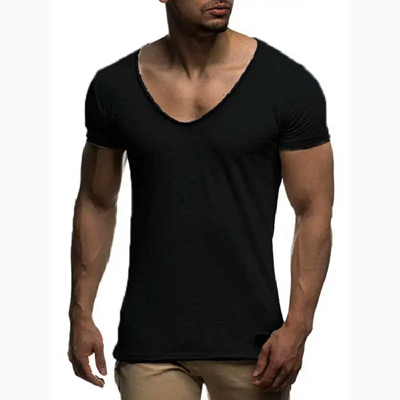 Casual T Shirt Men Thin Style Summer Short Sleeve Men\'s T-shirts Fashion V-neck Slim Fit Solid Color Tops Tees Shirt Man MY070