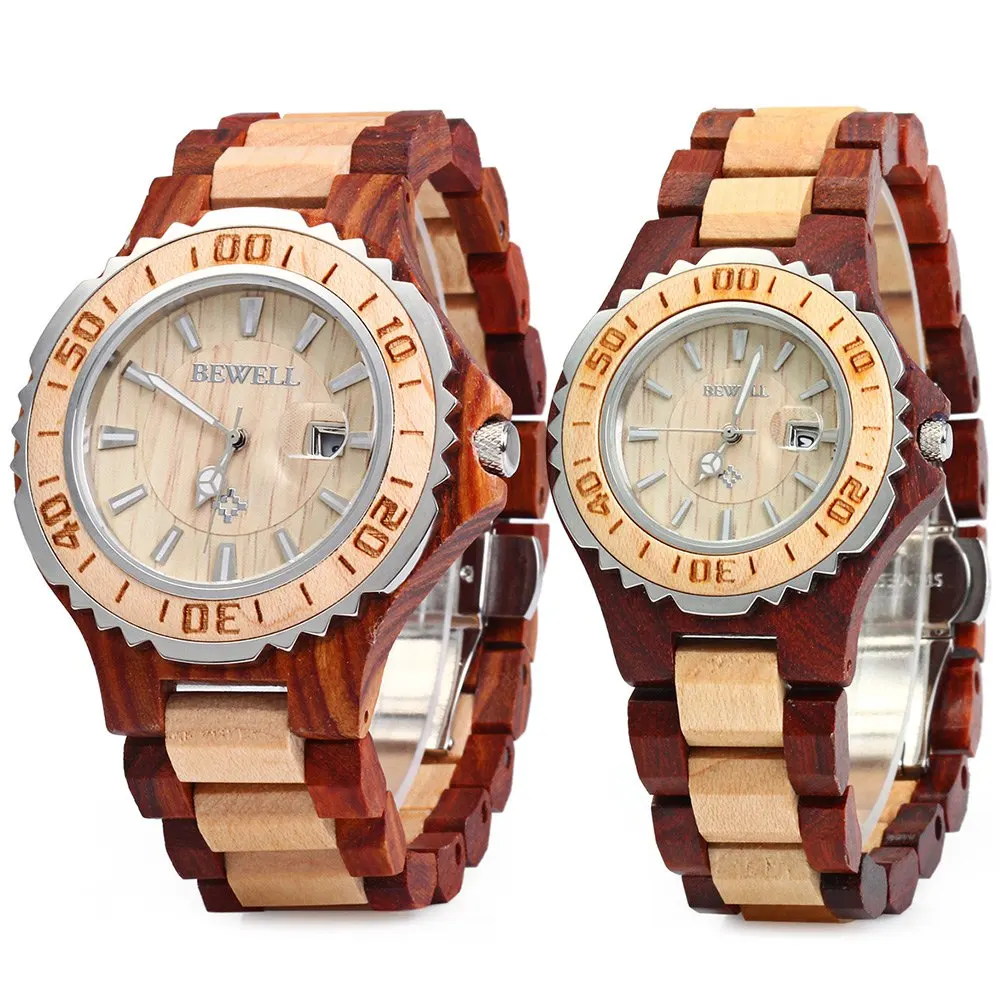 BEWELL Luxury Brand Pair of Couple Quartz Watch Waterproof Calendar Men Women Wood Watch Lover\'s Wristwatches relogio