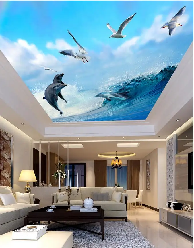 

Waves Dolphins Seagull blue sky ceiling papel parede mural wallpaper ceilings Home Decoration