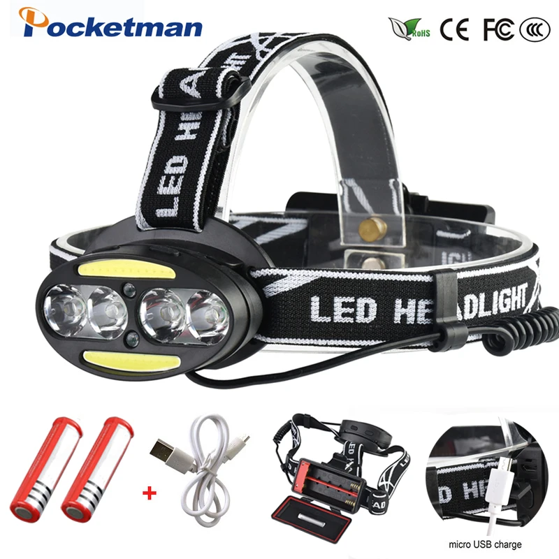 Pocketman-linterna frontal potente USB, 4 LED, 2 COB, 2 LED rojas, con cargador de baterías