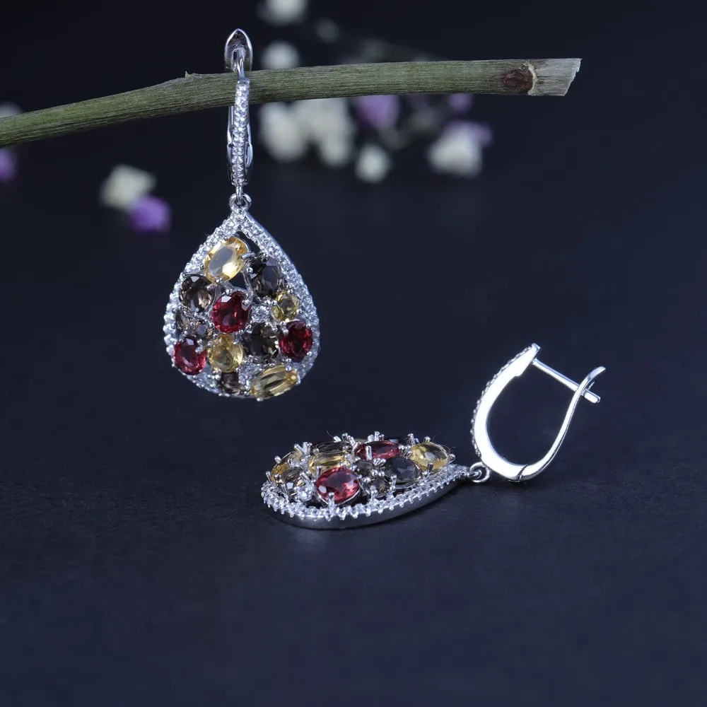 GEM\'S BALLET Luxury 925 Sterling Silver Jewelry Set For Women Natural Smoky Quartz Citrine Drop Earrings Ring Set Fine Jewelry