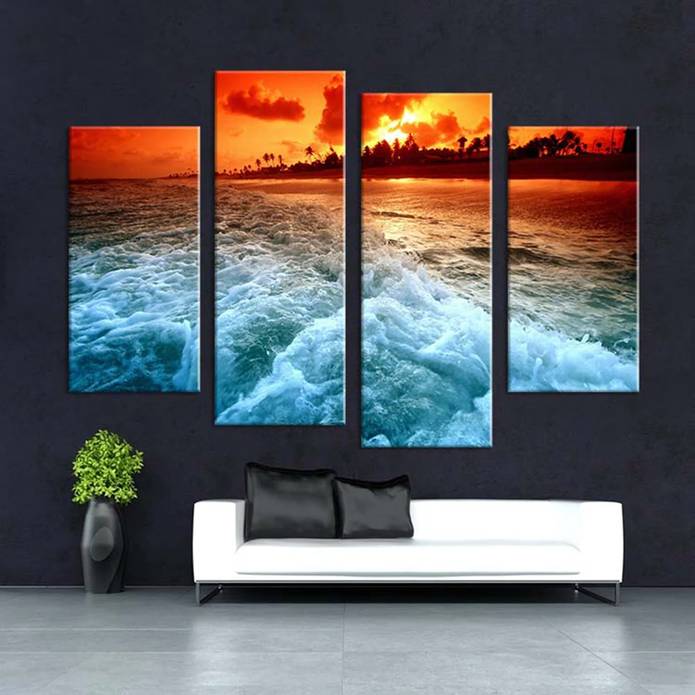 

Wall Pictures 4pcs Beach Sundown And The Tide Wall Painting Print On Canvas For Home Decor Ideas Paints On Art No Framed