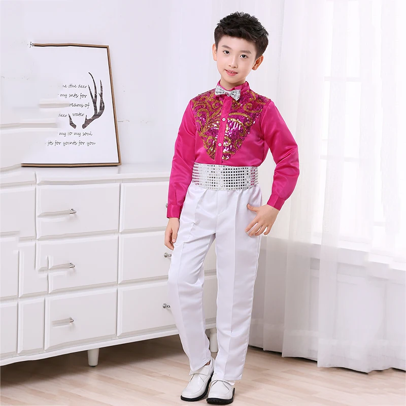 Jazz Dance Costumes Sequins Costumes Boys Long Sleeve Outfits Kids Performance Wear Stage Dancewear Hip Hop Clothes Set DNV11583