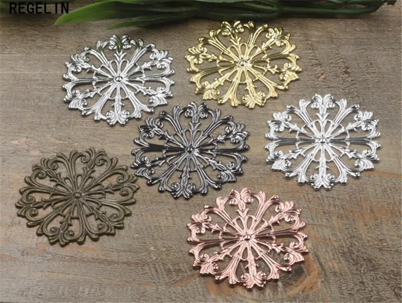 REGELIN Vintage Hollow Flower Motif Charms Gold/Silver Color Flower Jewelry Findings 10pcs 51mm for DIY Headwear Making Craft