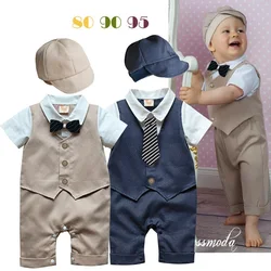 2018 Navy Beige Fashion Baby Boys Clothes 0-2Years Baby Rompers Tuxedo Jumpsuit+Hat Vest Baby Clothing Set Costume Party Dress