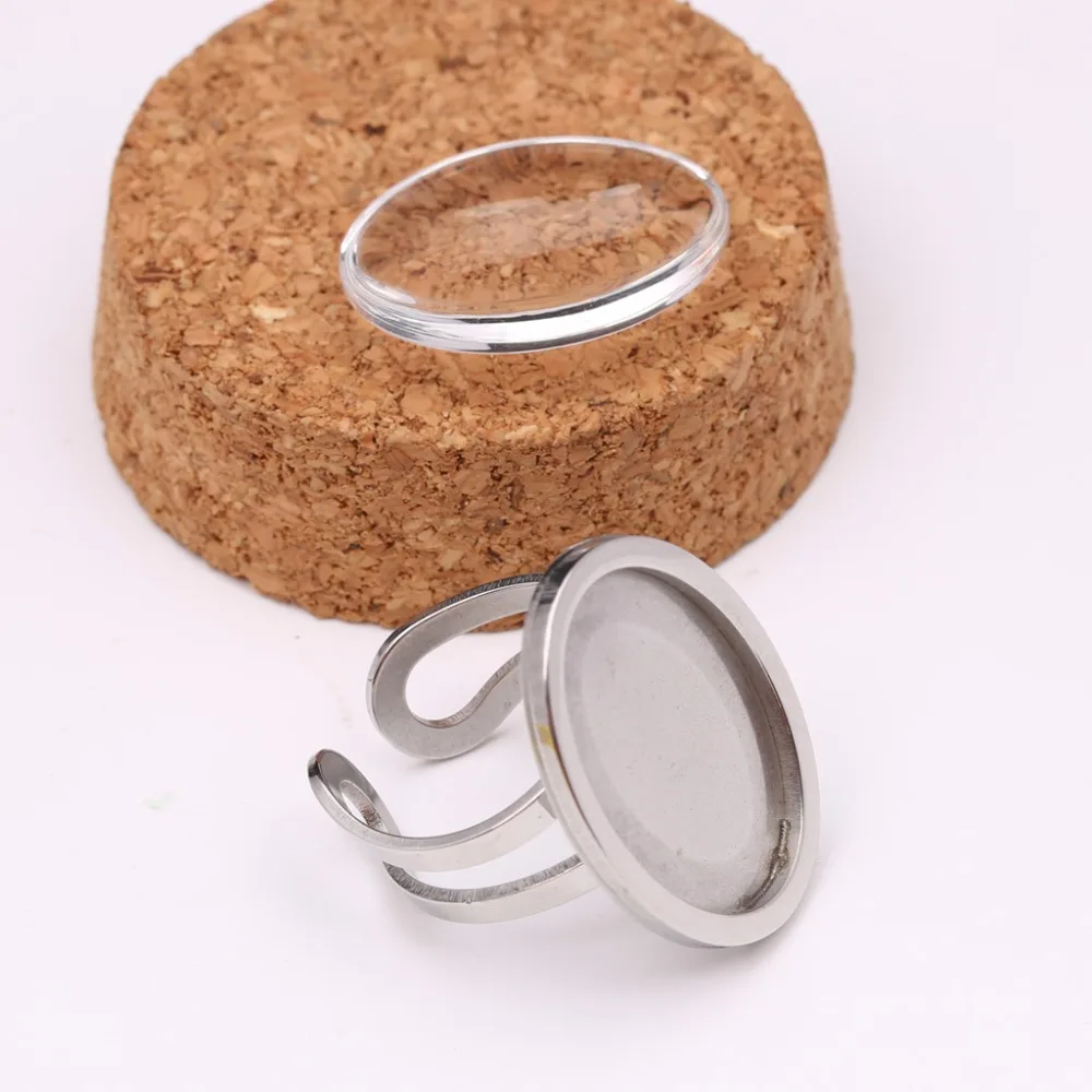 onwear 5pcs stainless steel 18x25mm oval cameo ring base diy blank bezel settings for rings making with clear glass cabochon