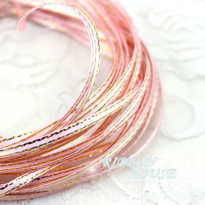 (40 meters/lot) 1/8\'\' (3mm) Pink Gold Edge Satin ribbons wholesale