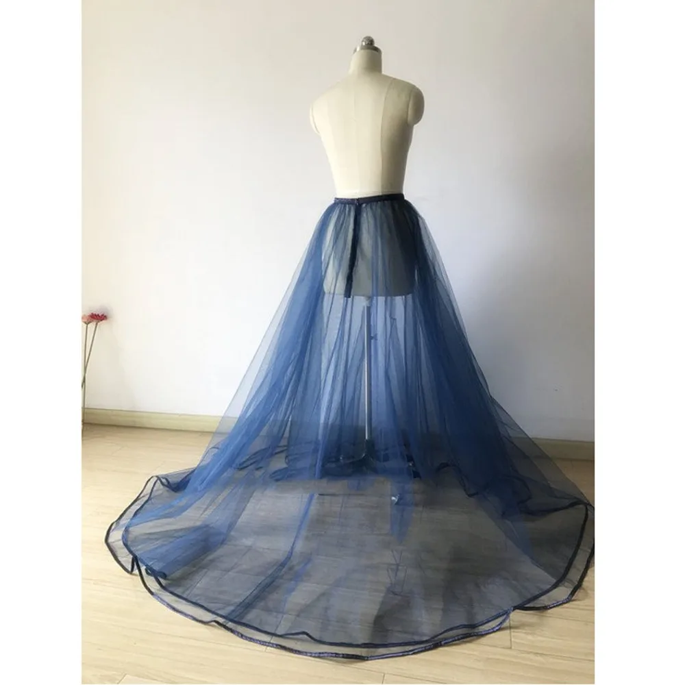 Satin Edge Marineblauw Vrouwen Bruiloft Trein Lange Overrok Overlap Floor Lengte Tulle Rokken Rits Custom Made Wrap Tutu Saias