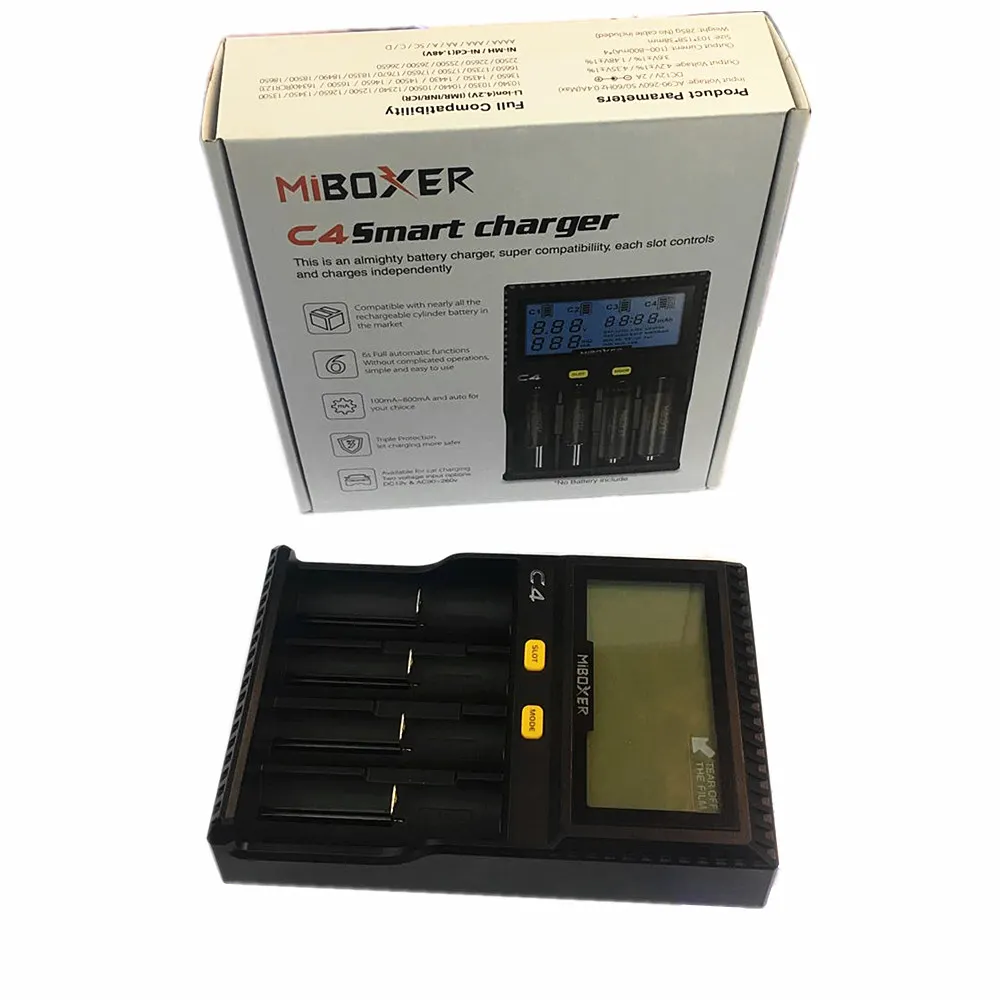 Original Miboxer C4 LCD Smart Battery Charger for Li-ion IMR INR ICR LiFePO4 18650 14500 26650 AAA Batteries 100-800 mAh