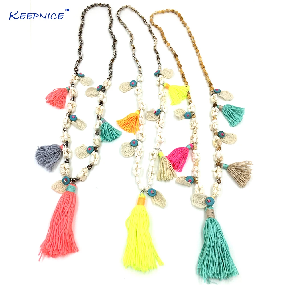 Fashion Handmade Creative tassel Pendents Necklace Unique Boho Bohemia Long Necklaces Sea Beach Shell Beaded Chain Necklace