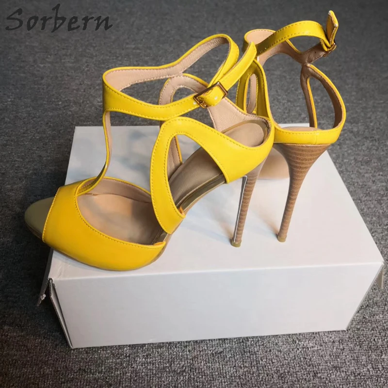 Sorbern Yellow High Heel Sandals T-Strap Peep Toe Stilettos Summer Shoes Plus Size 2019 Womens Sandal New Customized Multi Color