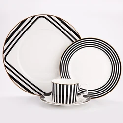 Bone China Tableware Set, Black and White Stripe Design, Flat Steak Plate, Coffee Cup and Dish, Dessert Tray, Golden Drink Ware