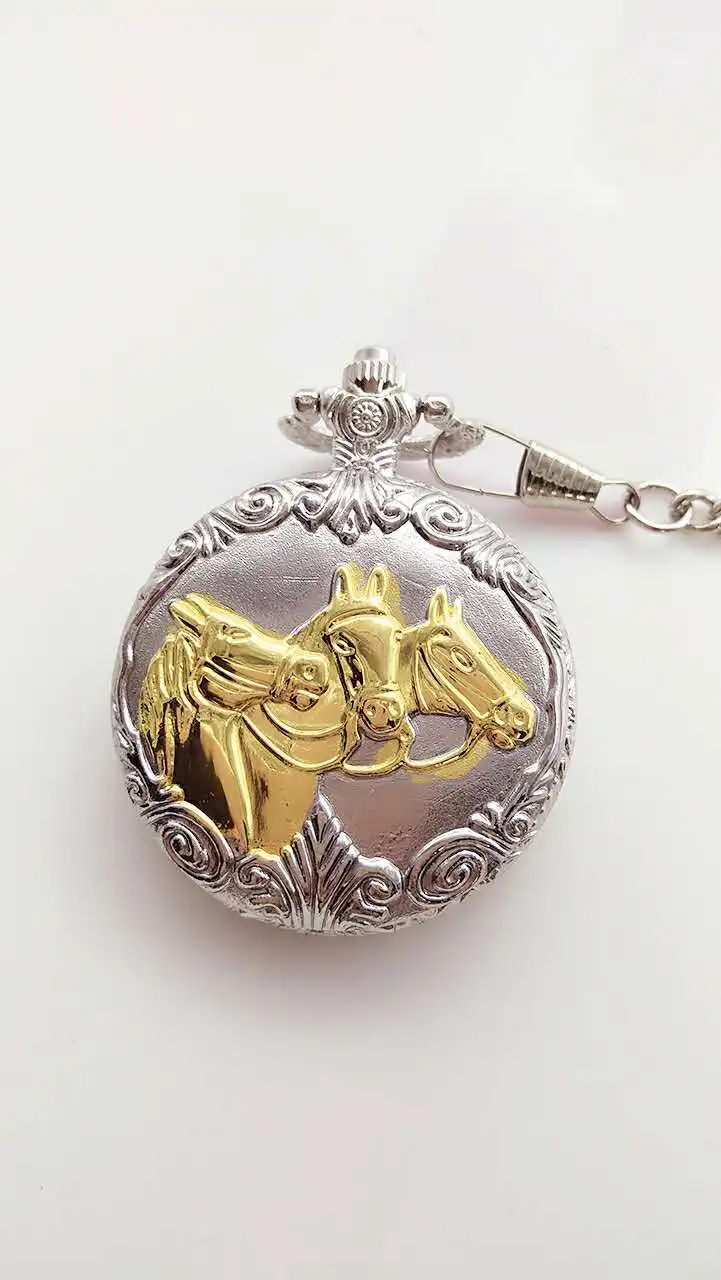 Gold silver horse antique quartz men and woman cowboy chain pocket watches gift