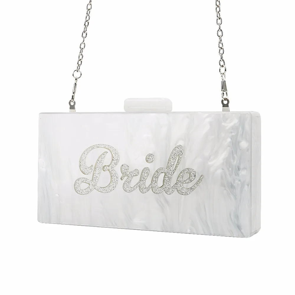 

Pearl White with Silver Glitter Name Bride Acrylic Box Clutches Bags Ladies Evening Handbags Fashion Handmade Claps Beach Clutch