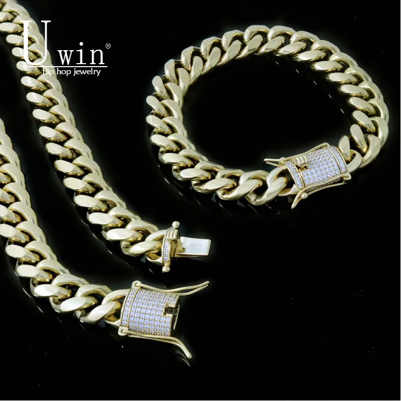 

UWIN 14mm Men Cuban Miami Link Bracelet & Chain Set AAA Rhinestone Clasp Stainless Steel Gold Hip Hop Necklace Jewelry