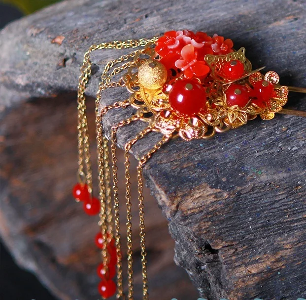 Red Resin Flower Beading Golden Hair Stick  Cosplay Hair Accessory Handmade Hair Comb for Hanfu Costume Accessory