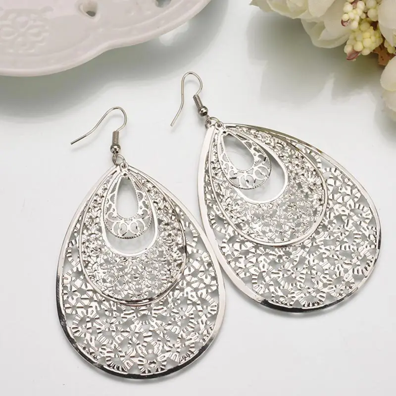 New Exaggerated Metal Big Circle Multi-Level Fashion Retro Round Boho Style Hollow Ladies Earrings