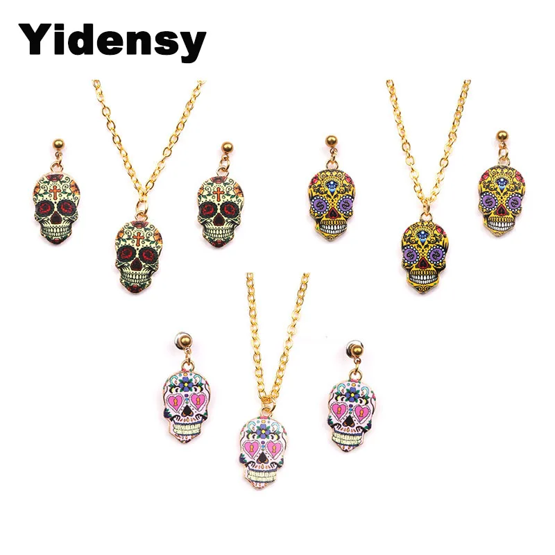 Yidensy Punk Sugar Skull Head Stud Earrings Necklace Jewelry Sets for Women Men Long Chian Funk Party Statement Jewelry Gifts