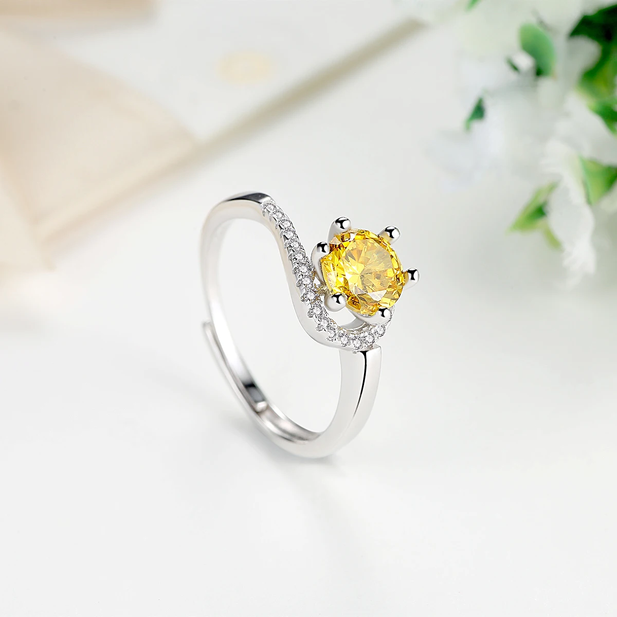 Authentic S925 Sterling Silver Finger Yellow Cubic Zirconia Clear Crystal Adjustable Ring Luxurious Women Party Engagement Rings