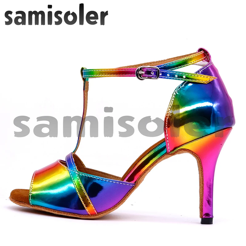 Samisoler Latino Sapatos de Dança de Cores Do Arco Íris brilhante PU das Mulheres calcanhar sapatos de dança de tango Salsa sapatos De dança De Salão elegante macio