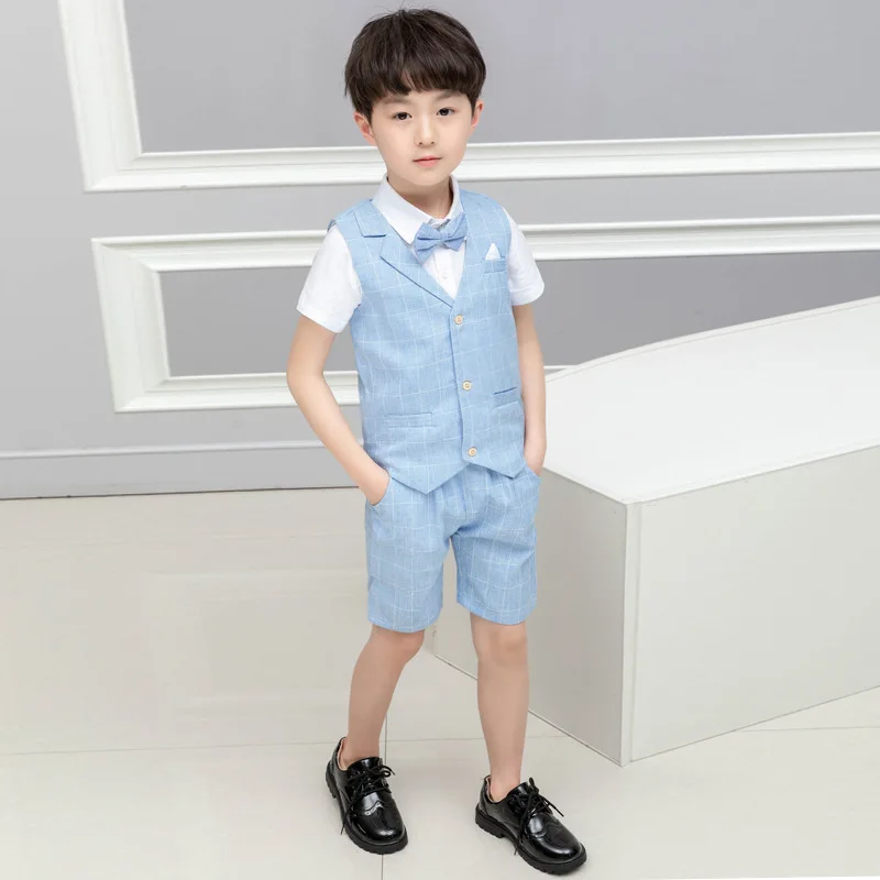 

Boys Formal Suits Summer 3pcs Vest+Shorts+Tie Children Wedding Clothing Sets School Kids kindergarten Graduation Tuxedo Costume