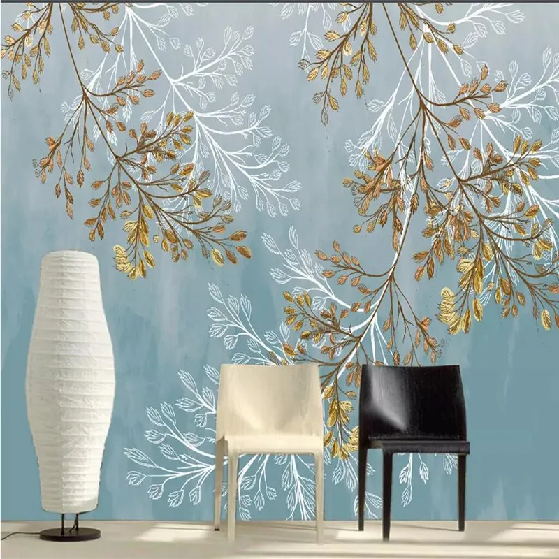 

Hand painted twig leaves Nordic TV background wall professional production mural wallpaper custom poster photo wall