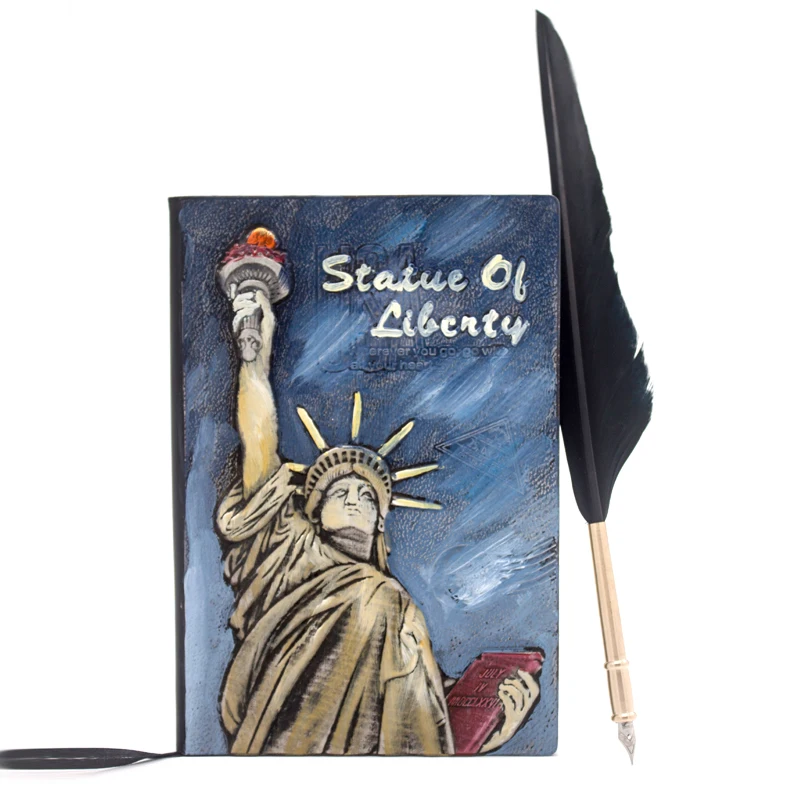 

Liberty, Creative Gift, Hand-painted Embossed Vintage Notebook with Quill Pen, Feather Pen