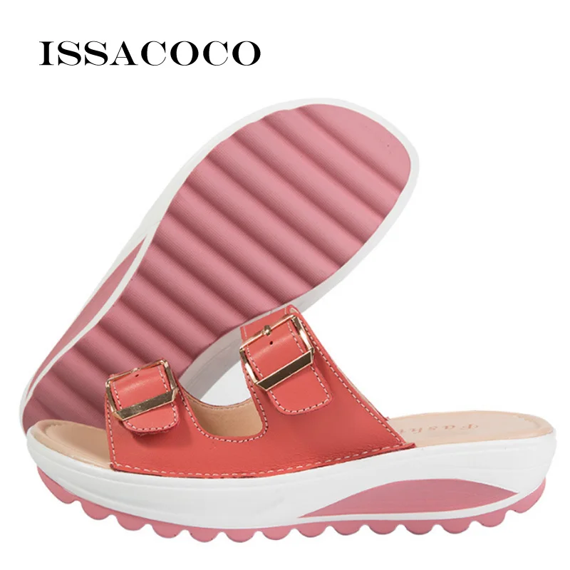 ISSACOCO Summer Womens’ Slippers Buckle Real Leather Slides Shoes Solid Thick Sole Heels Beach Sandals Home Slippers Flip Flops