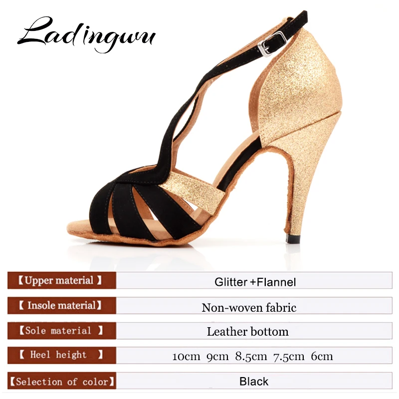 Ladingwu 2018 New Brand Black/Golden Women\'s Dance shoes Glitter and Flannel Ballroom Party Dance Shoes Salsa Latin Dance Shoes