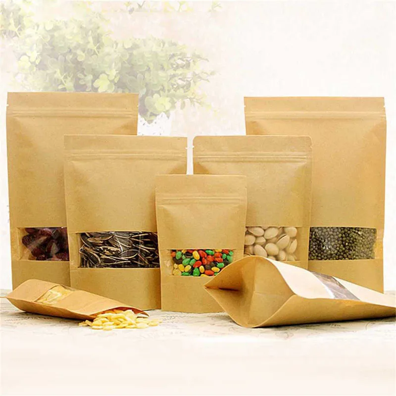 50 pcs Kraft Paper Bag Nuts Zip Lock Self-styled Kraft Paper Packing Party Wedding Candies Food Cookie Packaging Sealable Pouch