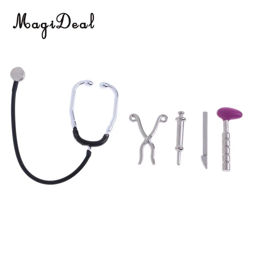 1/12 Dollhouse Miniature 5 Pieces Alloy Stethoscope Set Equipment Decoration for Kids Children Pretend Play Doctor Nurse Toys