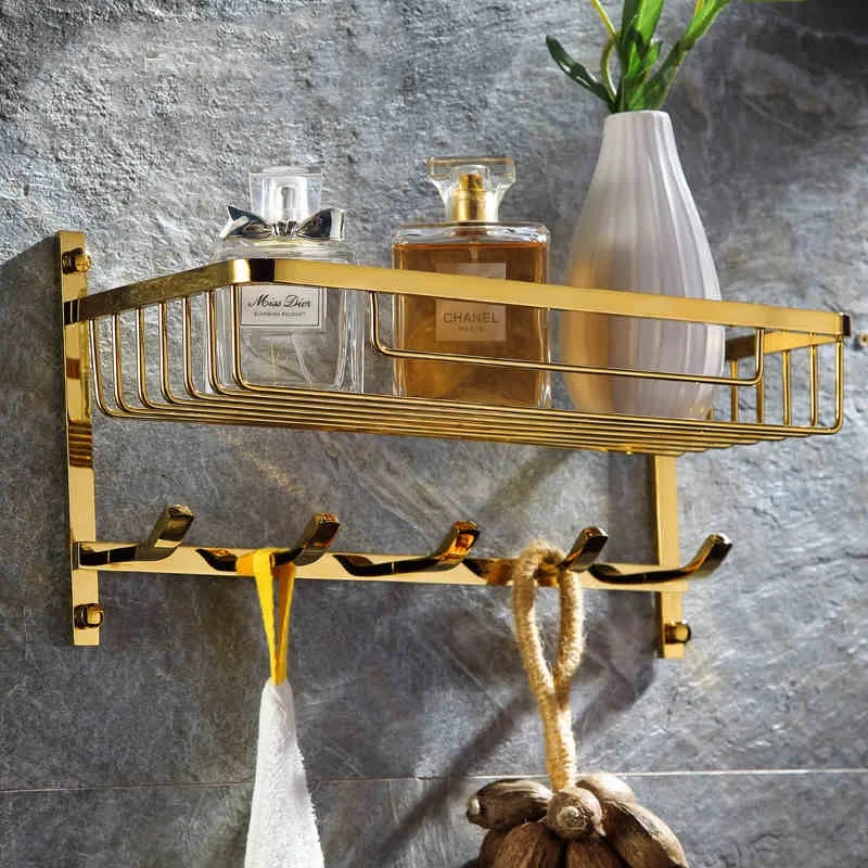 Good quality Solid brass 315x135x170mm bathroom shelf wall mounted basket with hook Gold Bathroom hardware accessories